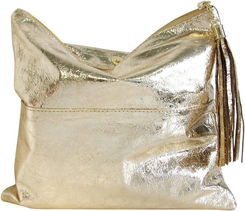 JNB Women's Cracked Metallic Fabric Foldover Clutch with Tassel - Image 5